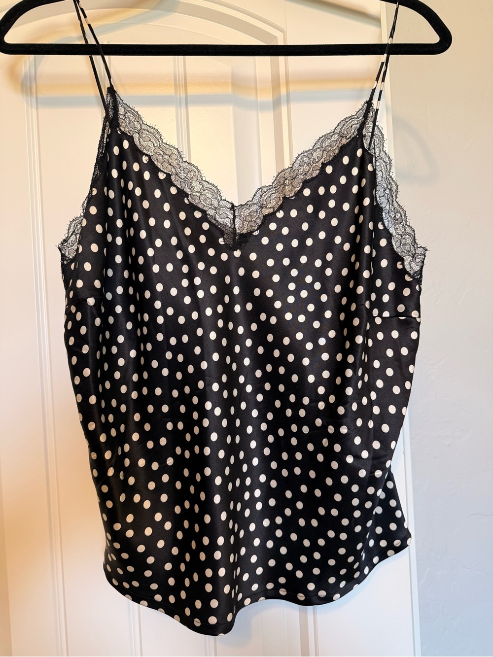 Vintage Mondi Black Satin Polka Dot Lace-Trim Cami 100 percent silk